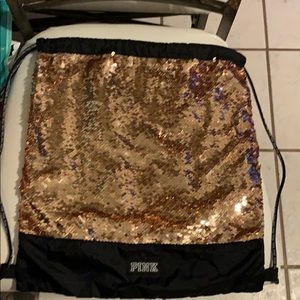 PINK rose gold sequin sling backpack!!